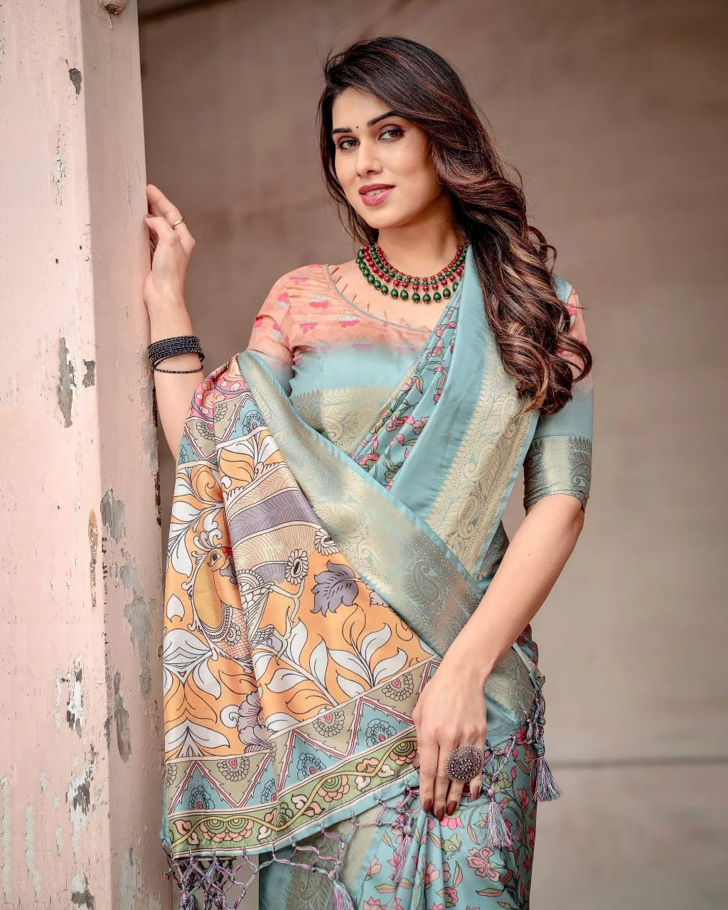 Digital Printed Art Silk Saree in Light Blue