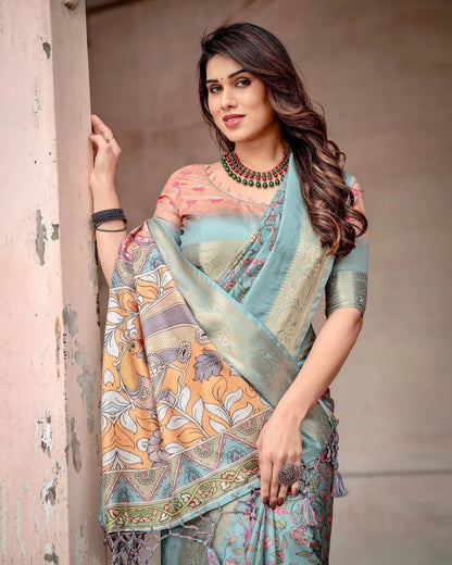 Digital Printed Art Silk Saree in Light Blue