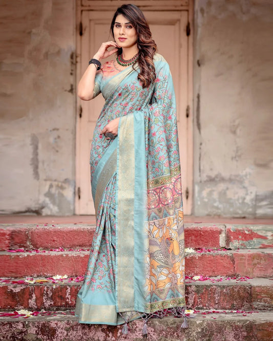 Digital Printed Art Silk Saree in Light Blue