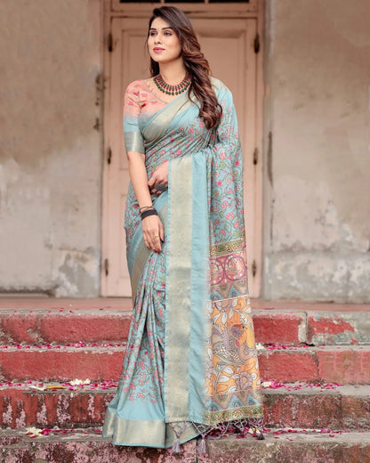 Digital Printed Art Silk Saree in Light Blue