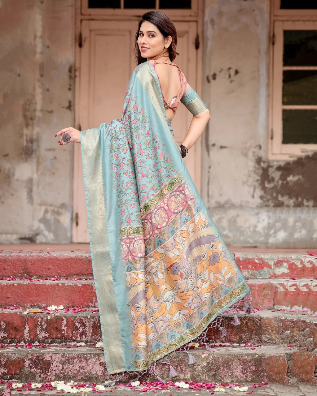 Digital Printed Art Silk Saree in Light Blue