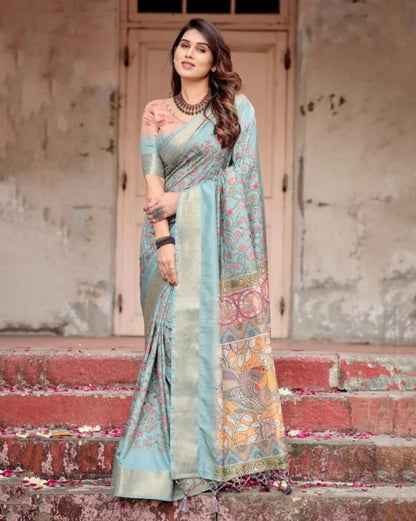 Digital Printed Art Silk Saree in Light Blue