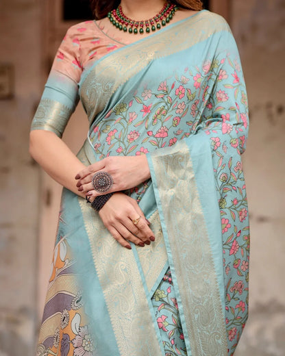 Digital Printed Art Silk Saree in Light Blue