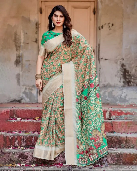 Pure Dola Silk Digitally Printed Saree with Golden Zari and Tassels