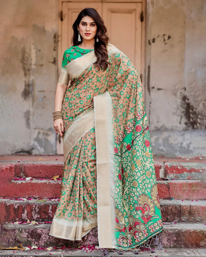 Pure Dola Silk Digitally Printed Saree with Golden Zari and Tassels
