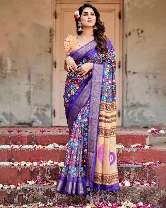 Pure Dola Silk Digitally Printed Purple Saree with Golden Zari and Tassels