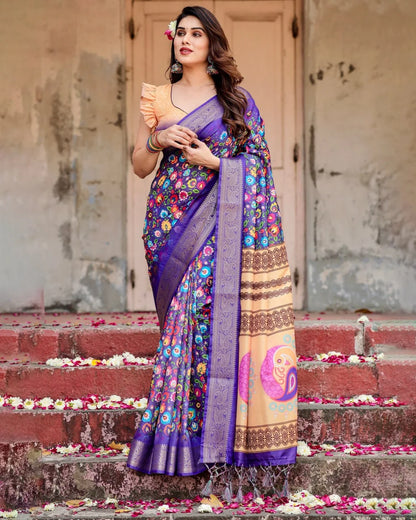 Pure Dola Silk Digitally Printed Purple Saree with Golden Zari and Tassels