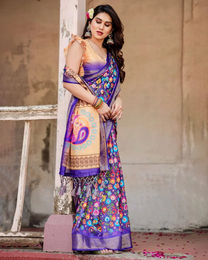 Pure Dola Silk Digitally Printed Purple Saree with Golden Zari and Tassels