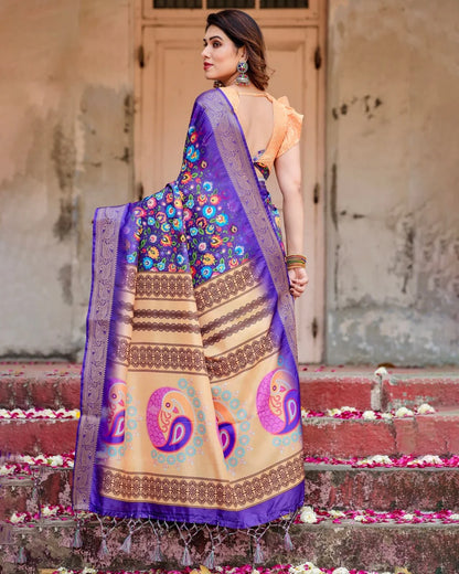Pure Dola Silk Digitally Printed Purple Saree with Golden Zari and Tassels