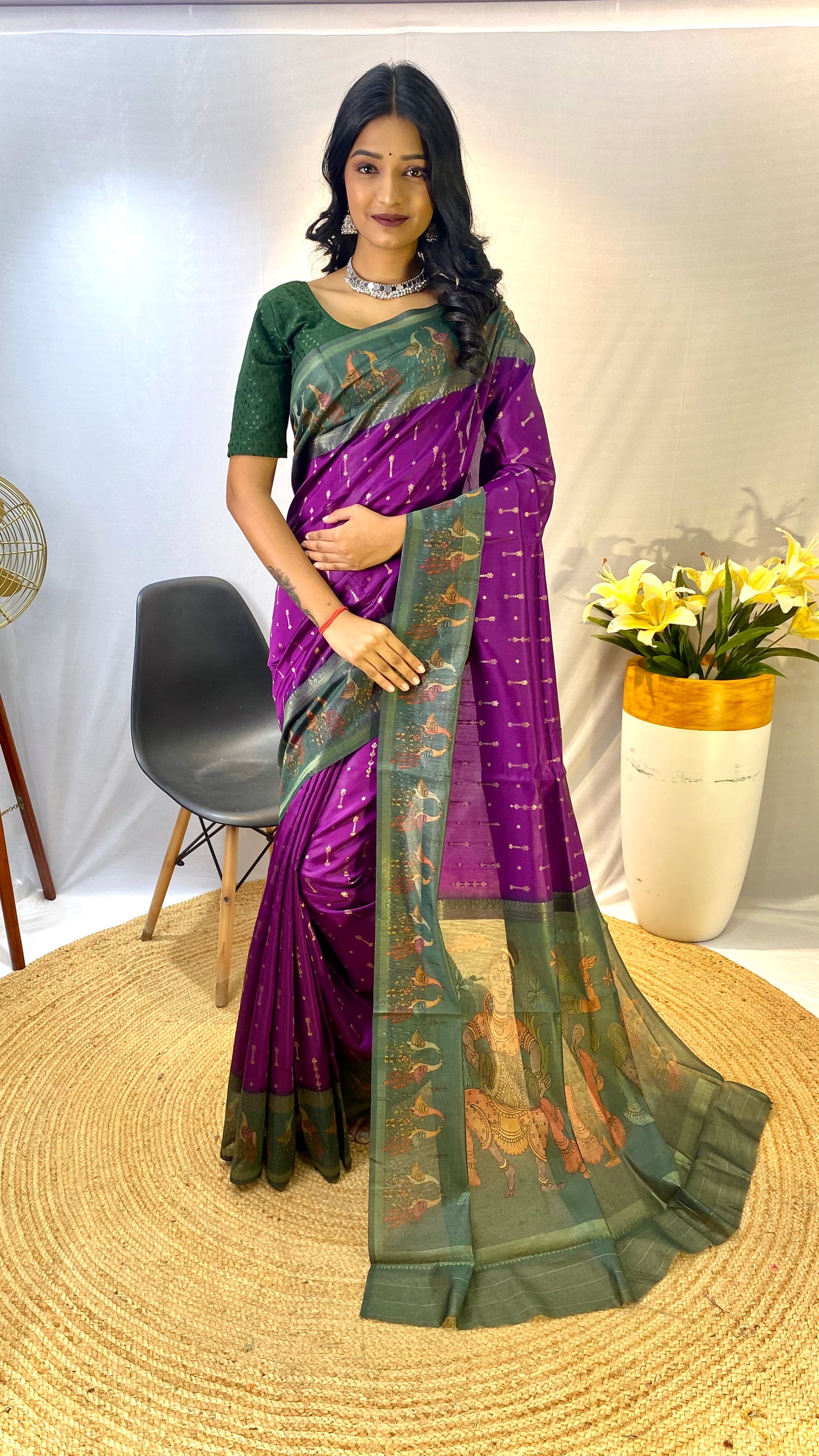 Purple Chanderi Silk Sarees With Contrast Pallu & Border Printed With Contrast Blouse