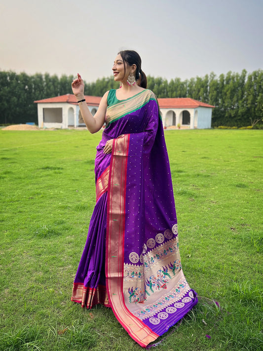 Purple Weaved Zari Paithani Broad Border Silk Saree