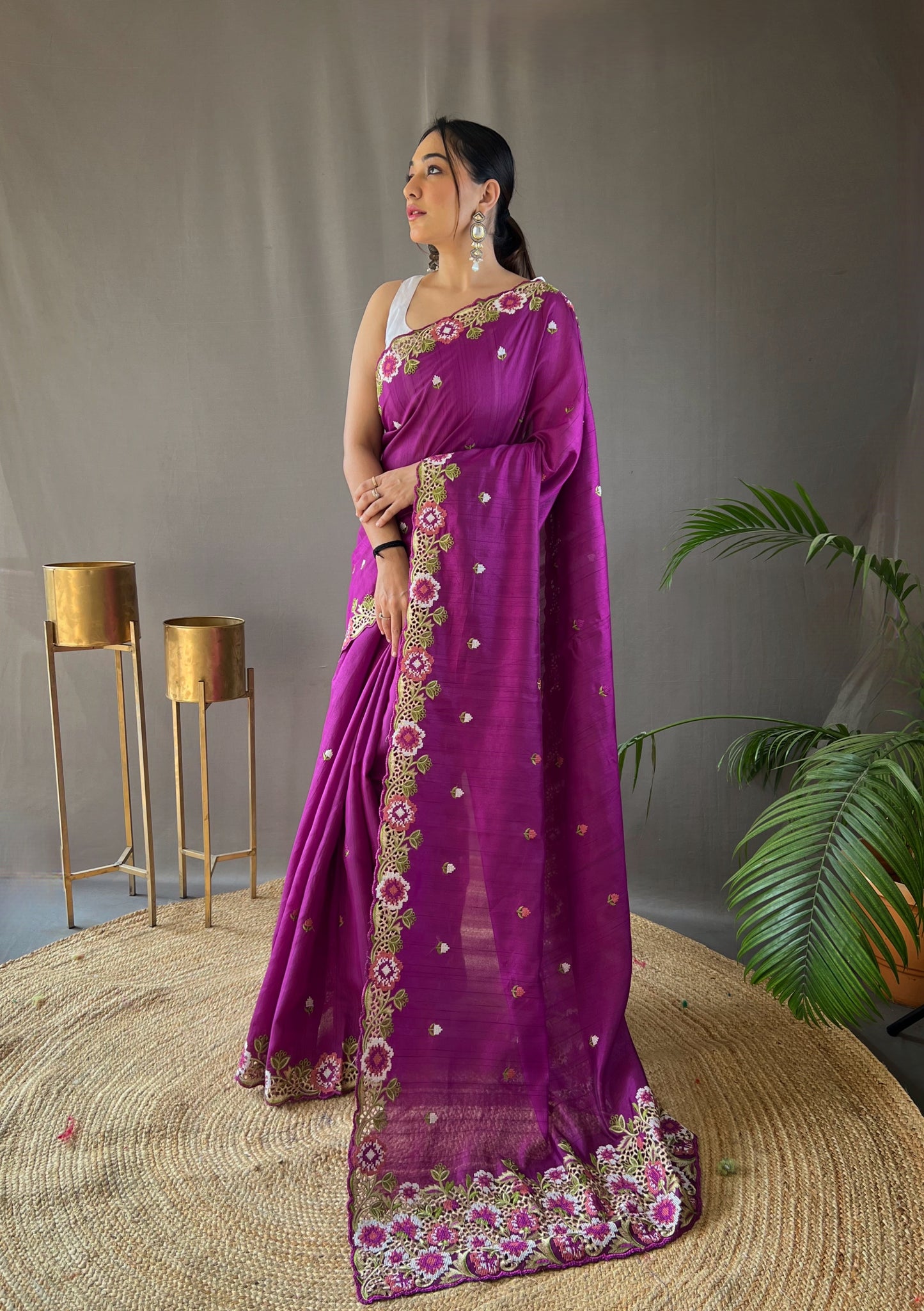 Purple Floral Embroidered Tussar Silk Saree Set