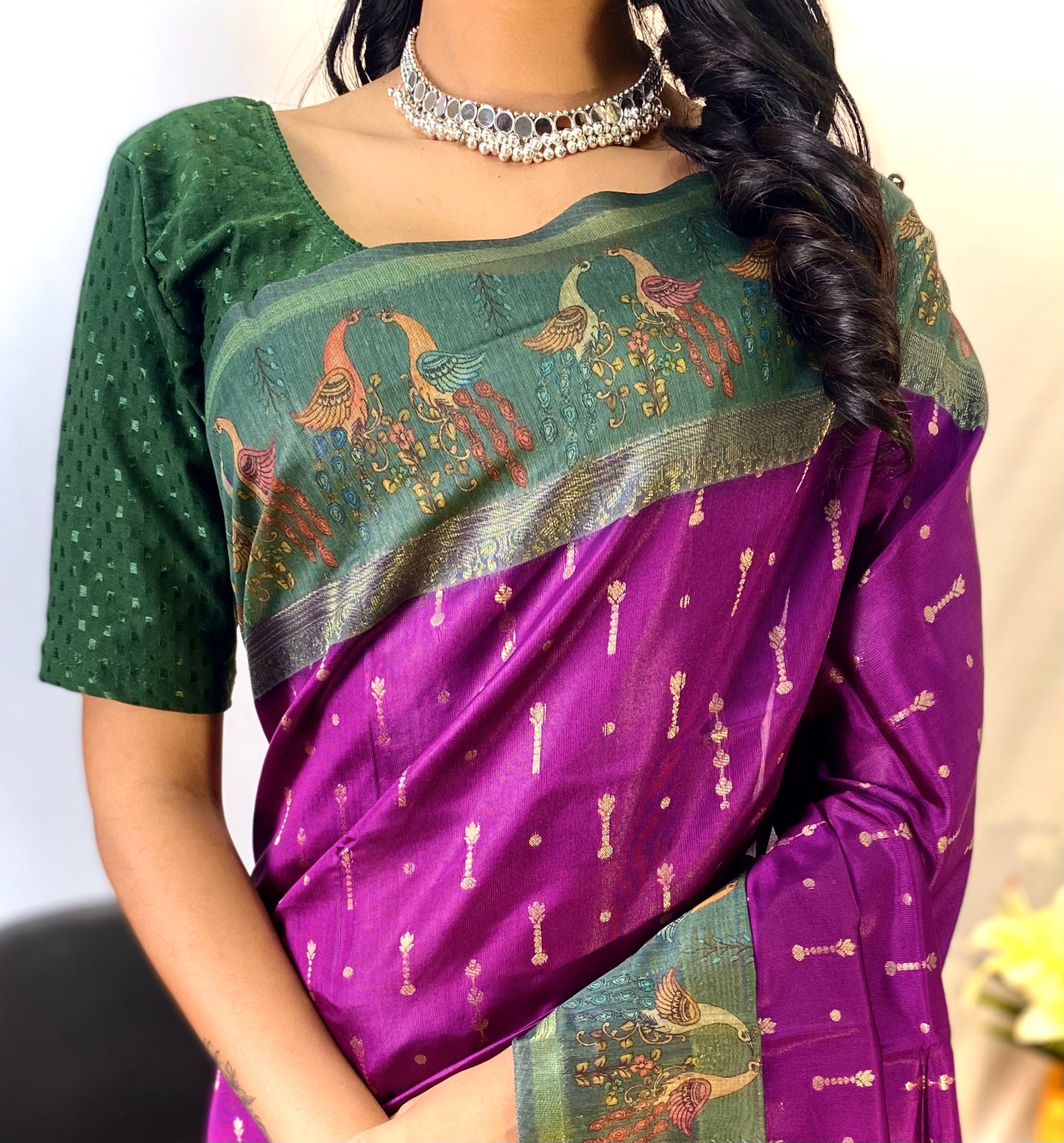 Purple Chanderi Silk Sarees With Contrast Pallu & Border Printed With Contrast Blouse