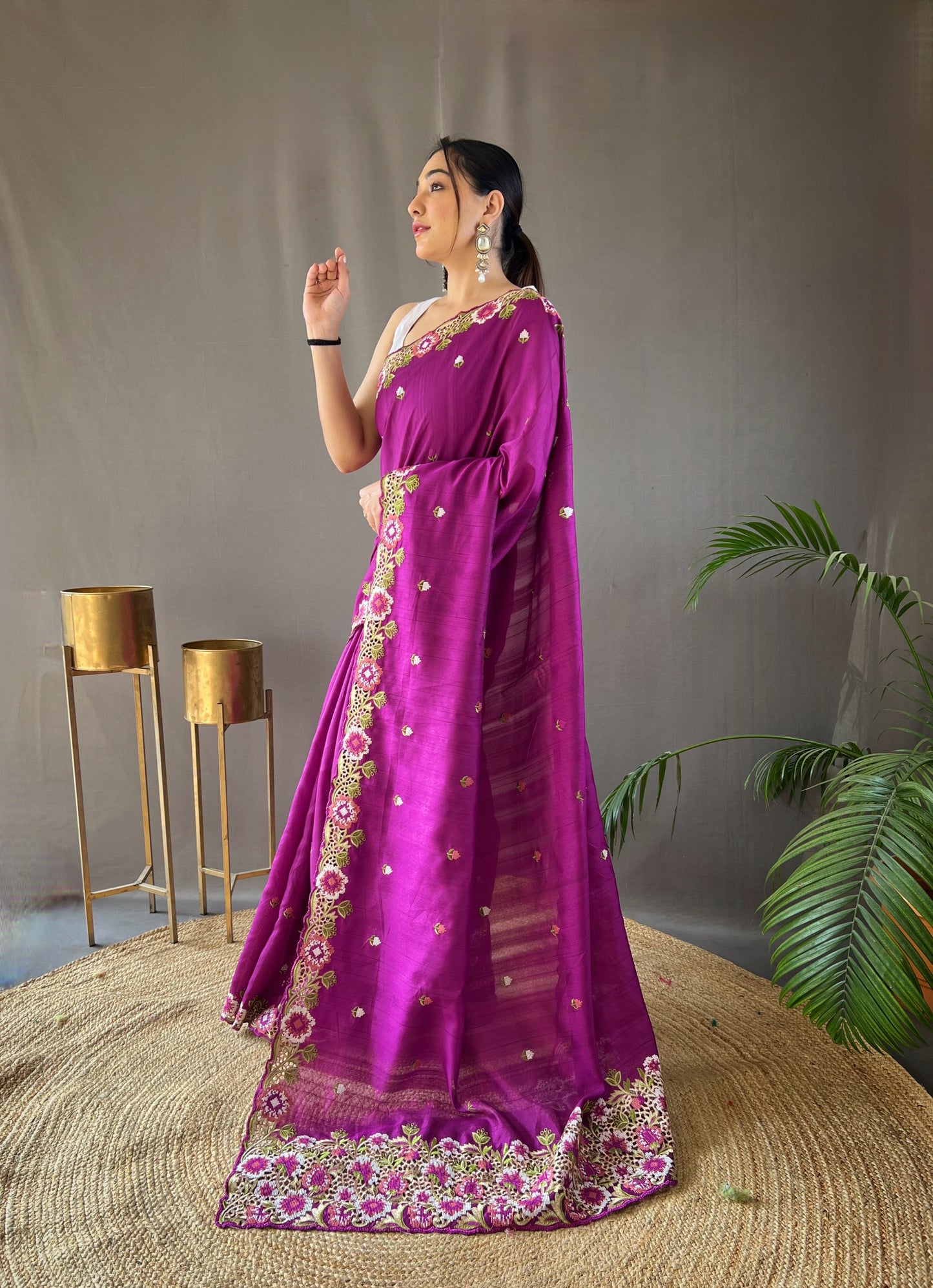 Purple Floral Embroidered Tussar Silk Saree Set