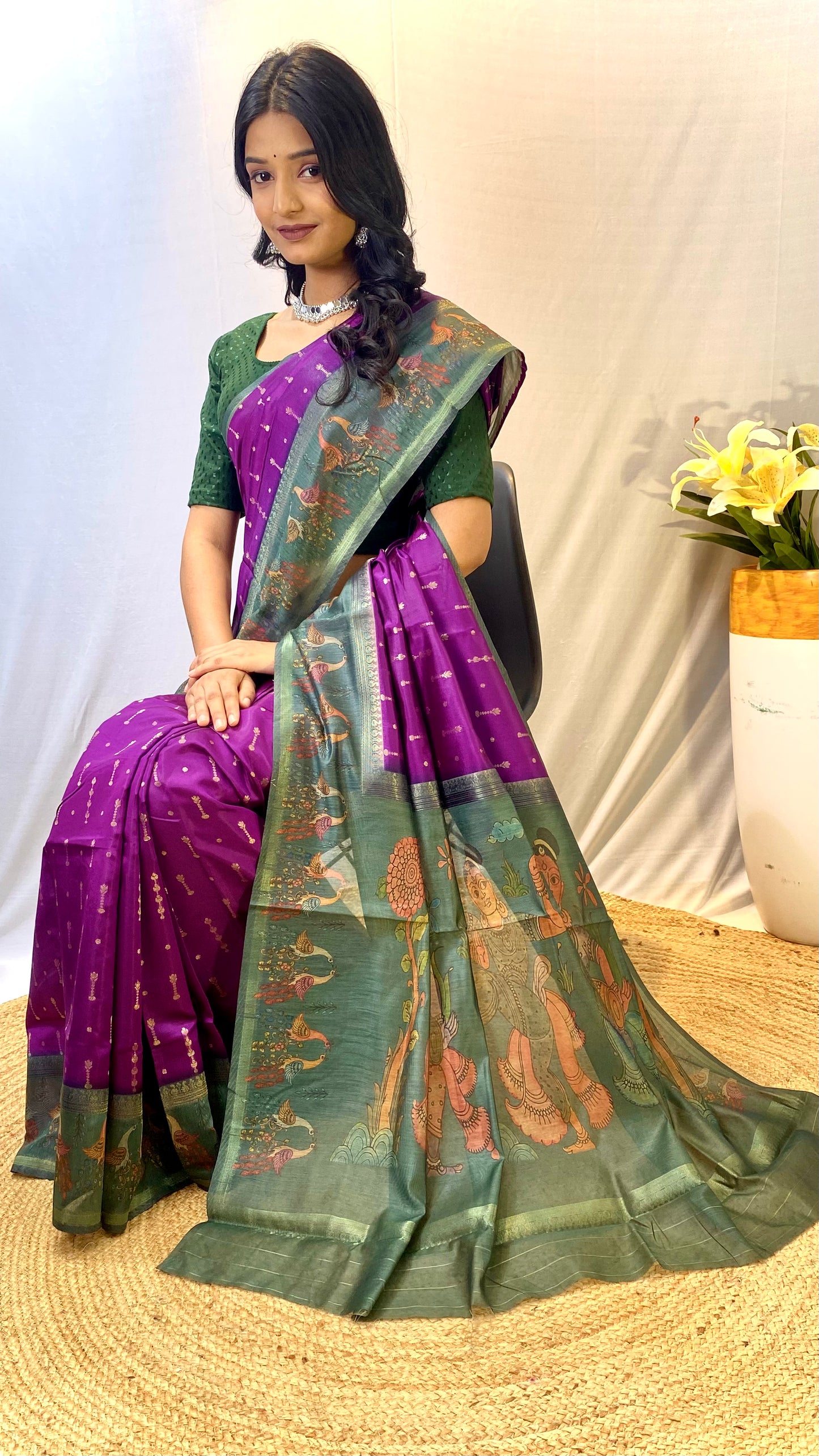 Purple Chanderi Silk Sarees With Contrast Pallu & Border Printed With Contrast Blouse