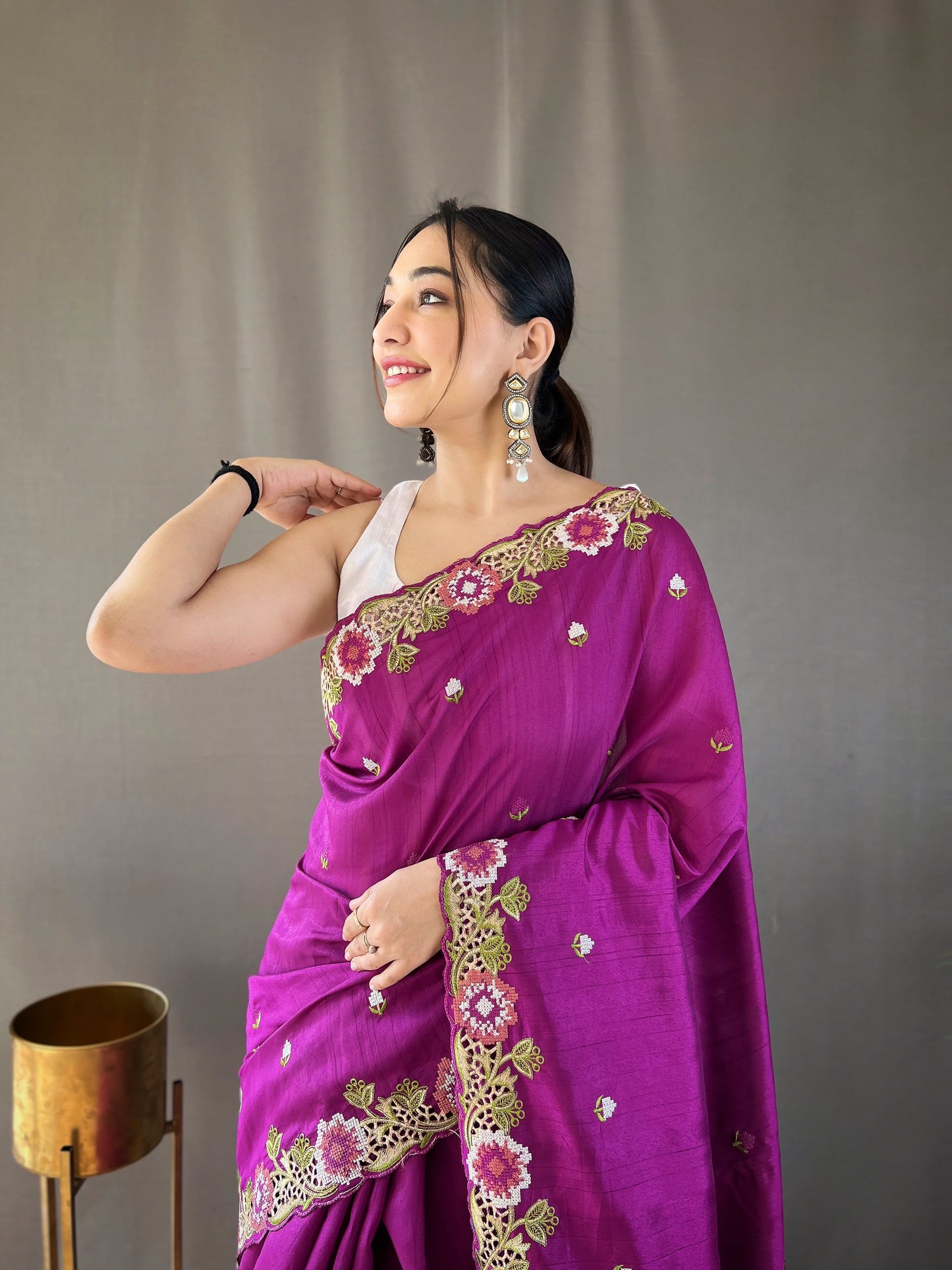 Purple Floral Embroidered Tussar Silk Saree Set