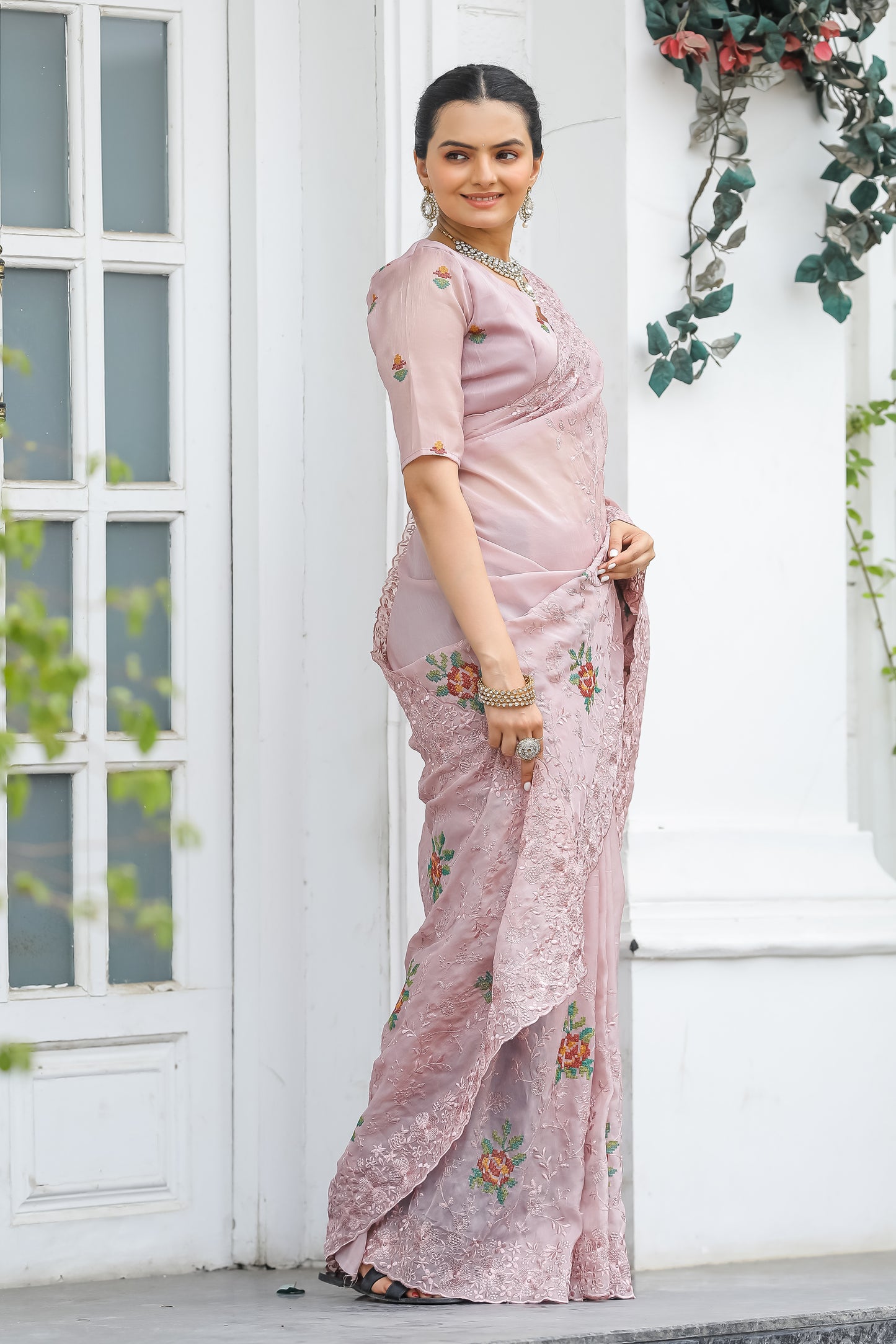 Radiant Peach Color Chiffon Saree with Zari & Embroidery Work