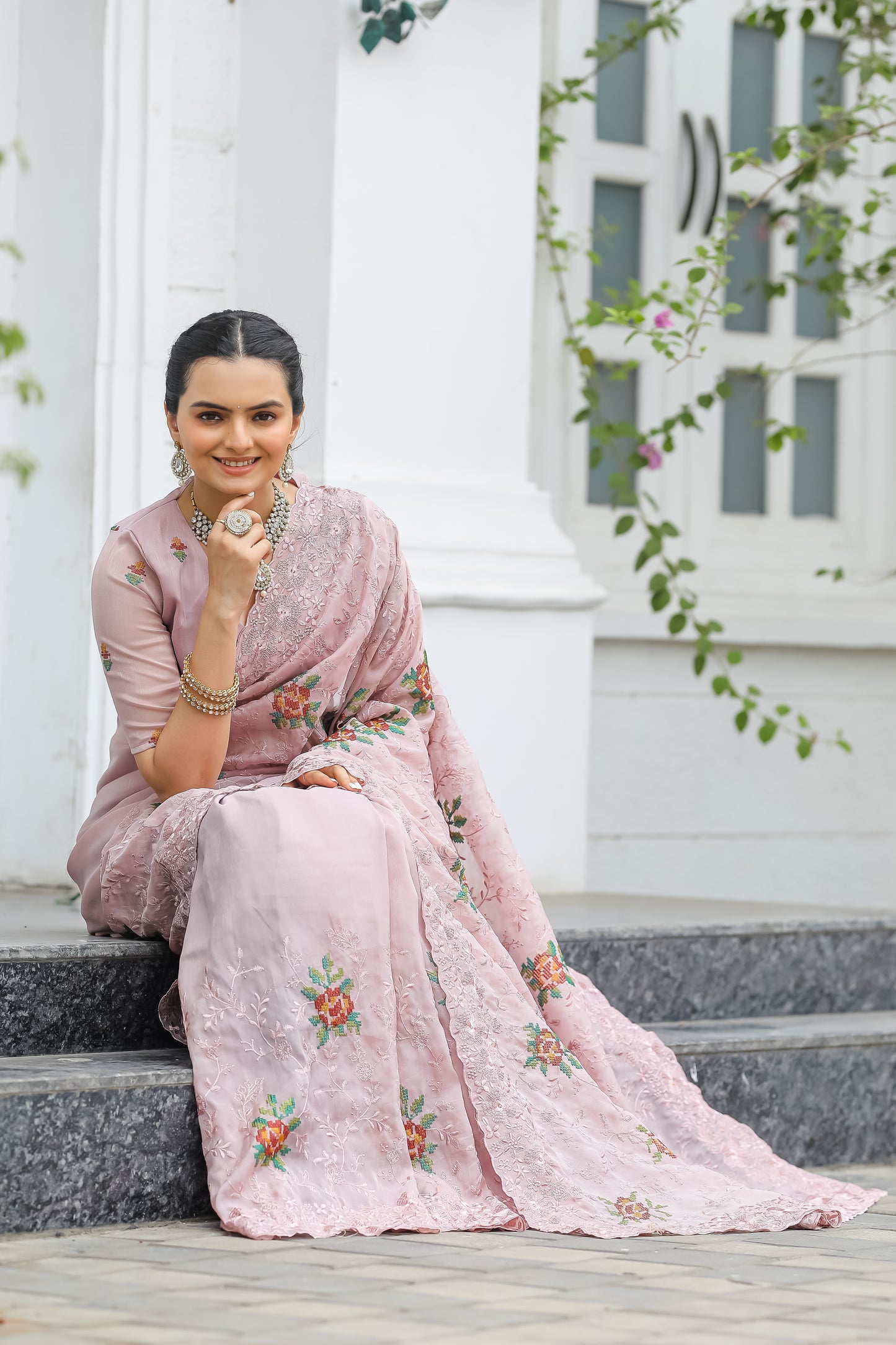 Radiant Peach Color Chiffon Saree with Zari & Embroidery Work