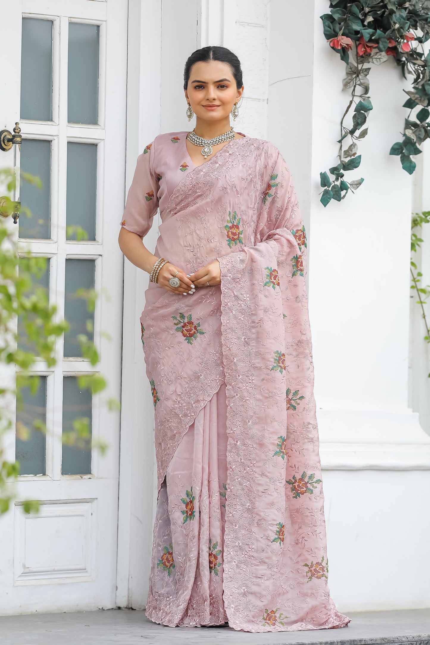 Radiant Peach Color Chiffon Saree with Zari & Embroidery Work