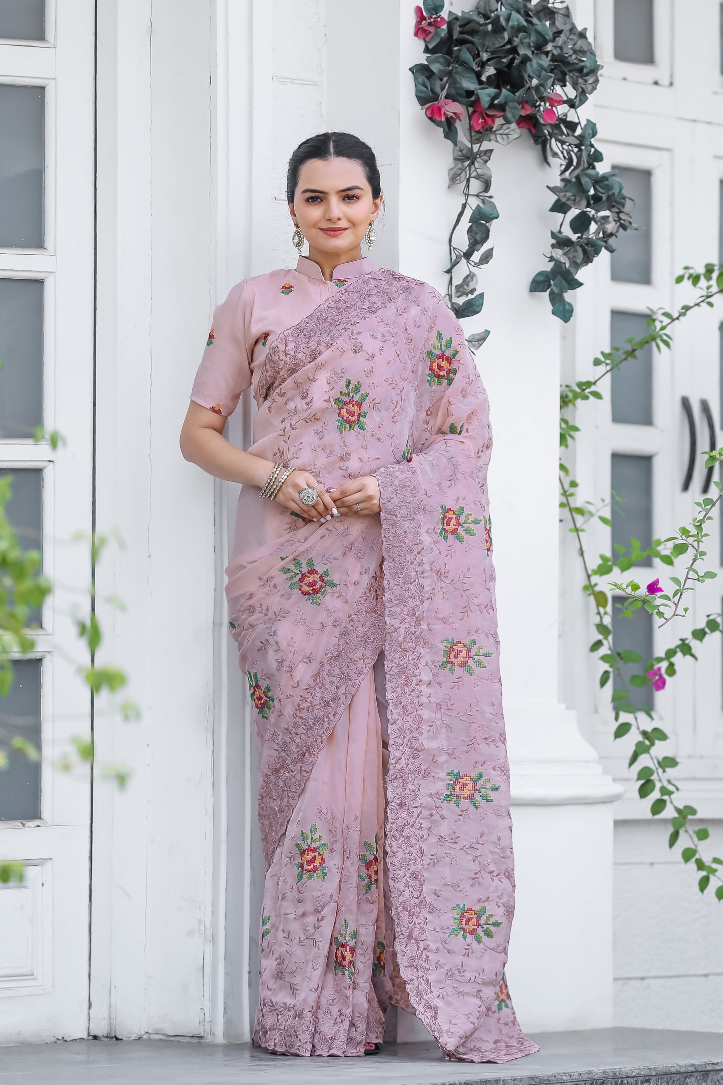 Radiant Pink Color Chiffon Saree with Zari & Embroidery Work