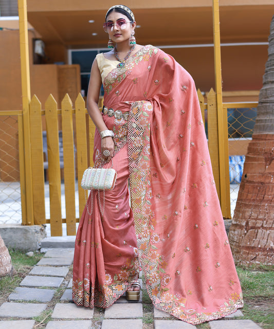 Pink Floral Embroidered Pure Silk Saree