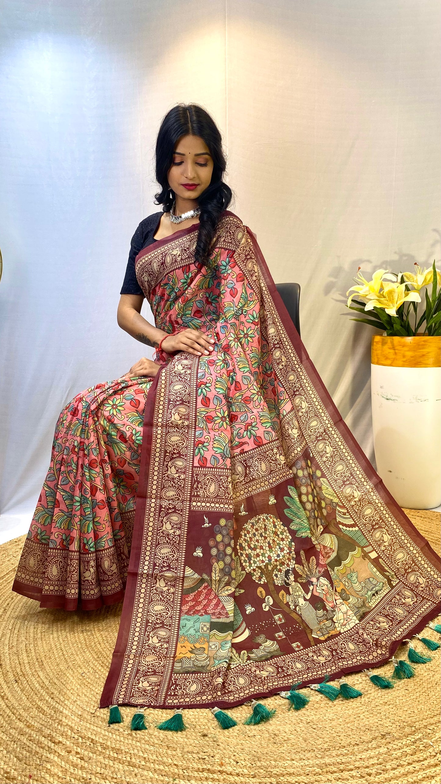 Stylish Soft Cotton Chanderi Sarees with Kalamkari Digital Print and Tassels