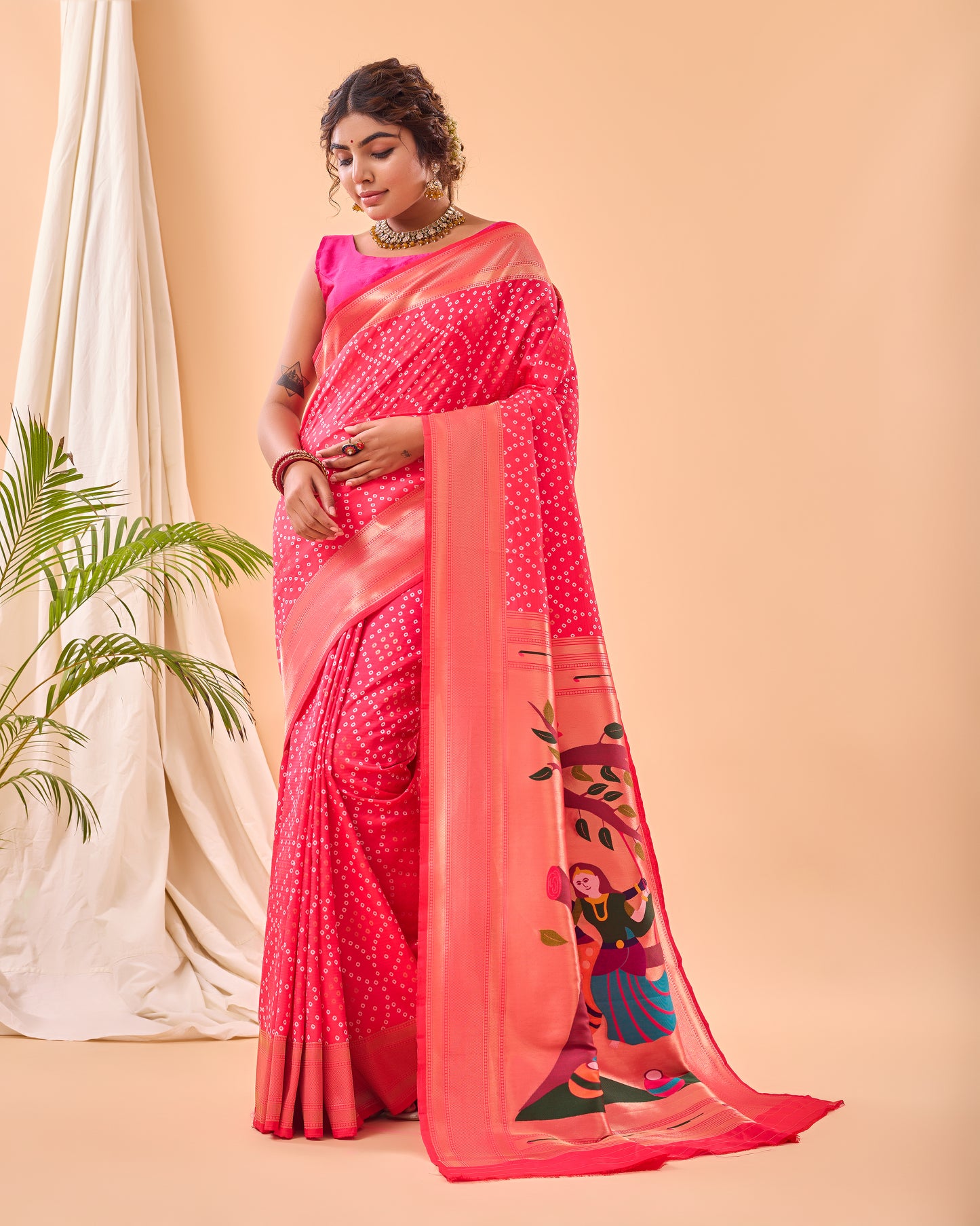 Pink Soft Silk Bandhej Weaving Saree