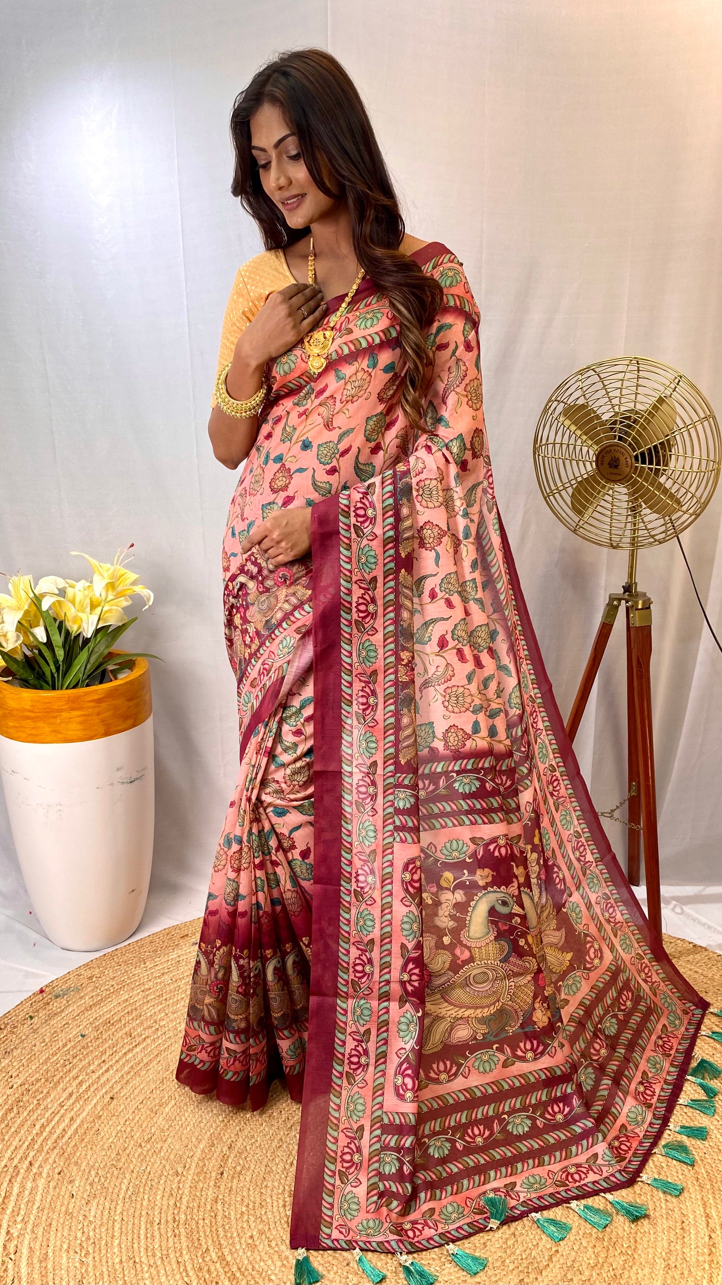 Opulent Pink Color Malai Cotton Saree with Kalamkari Patterns