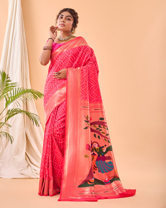 Pink Soft Silk Bandhej Weaving Saree