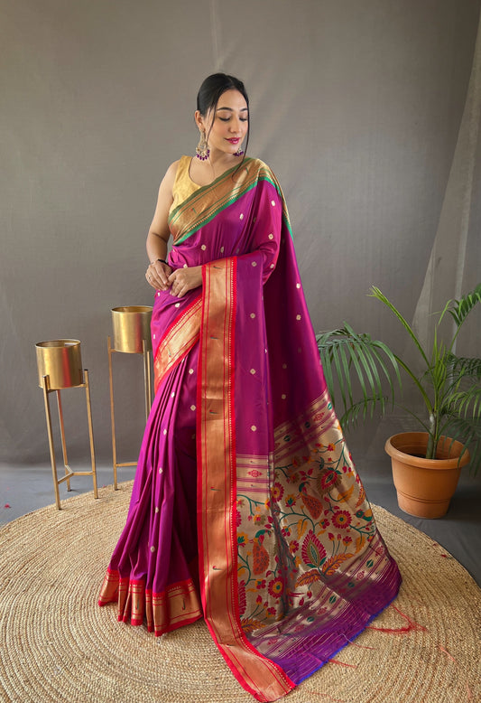 Women Woven Dark Pink Saree with Contrast Border