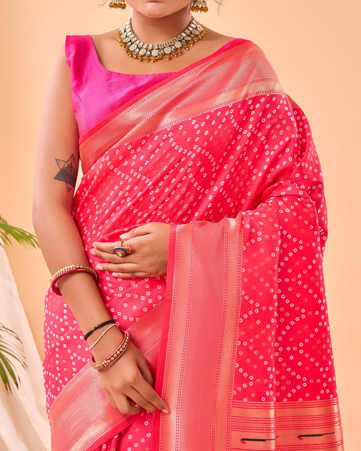 Pink Soft Silk Bandhej Weaving Saree