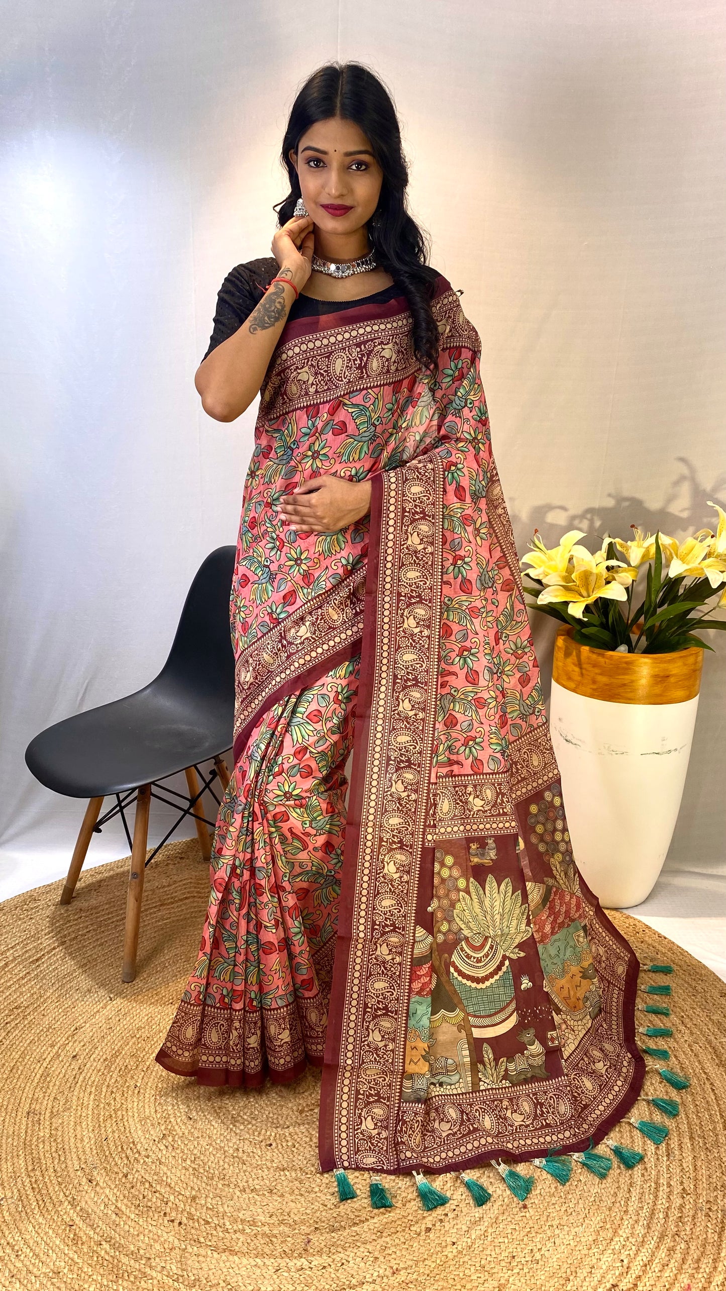 Stylish Soft Cotton Chanderi Sarees with Kalamkari Digital Print and Tassels