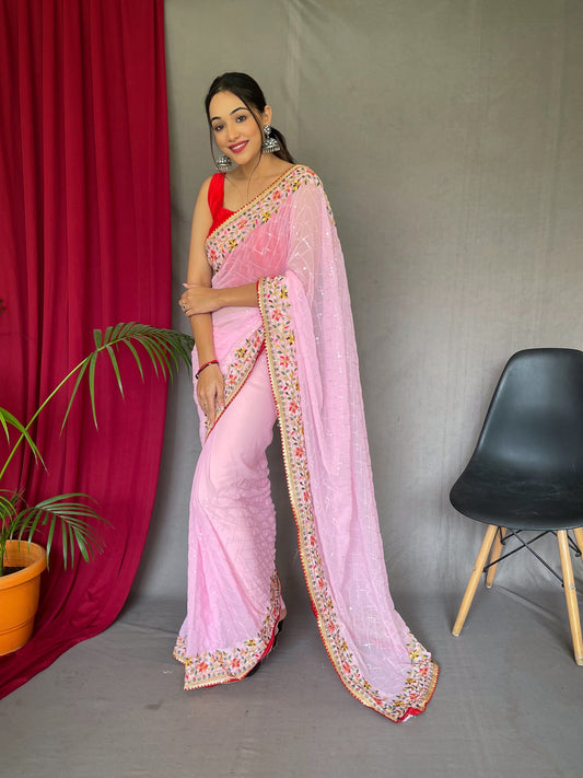 Embroidered Georgette Saree in Light Pink