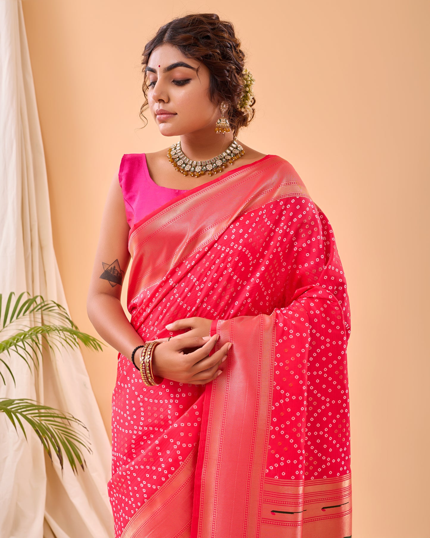 Pink Soft Silk Bandhej Weaving Saree