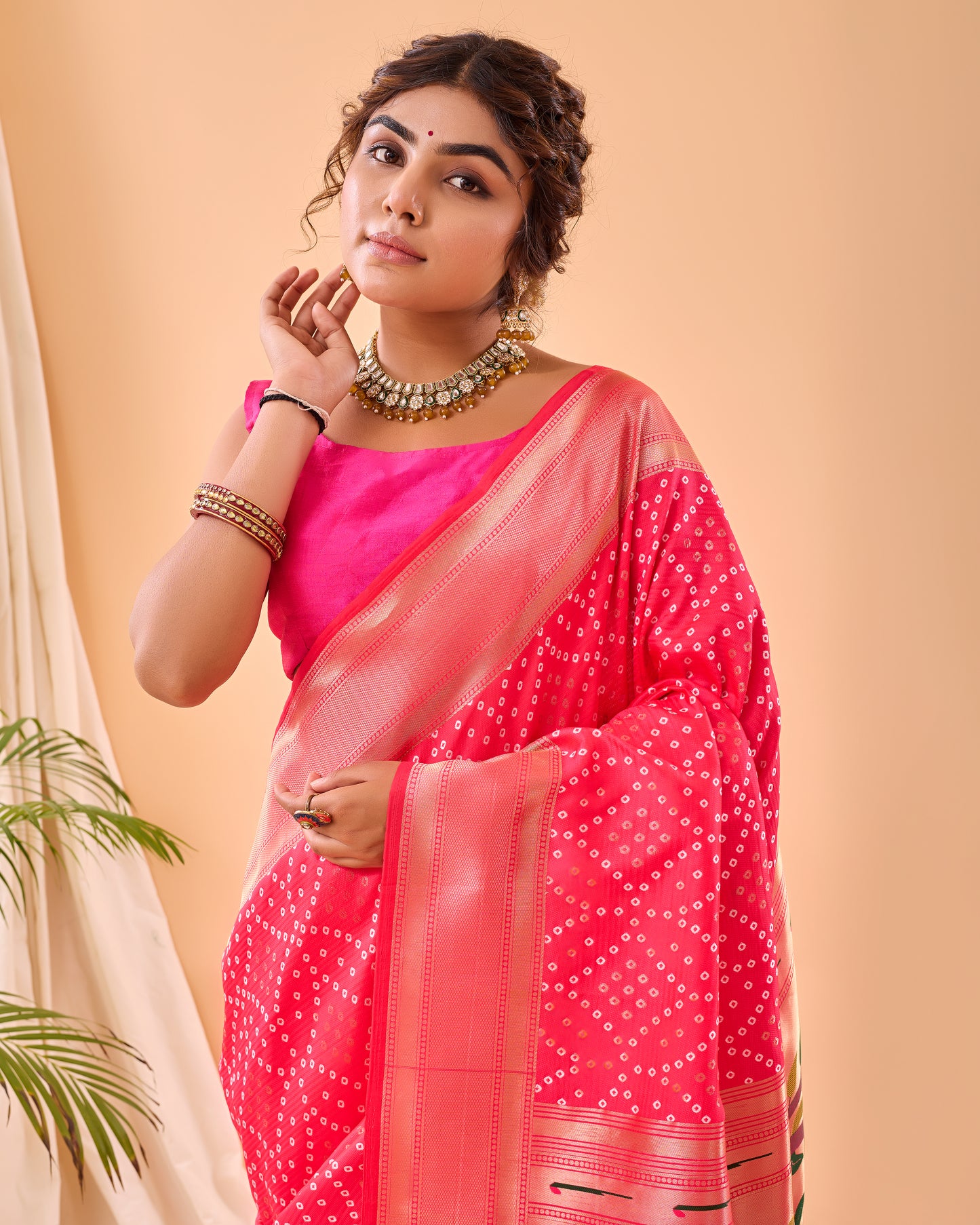 Pink Soft Silk Bandhej Weaving Saree