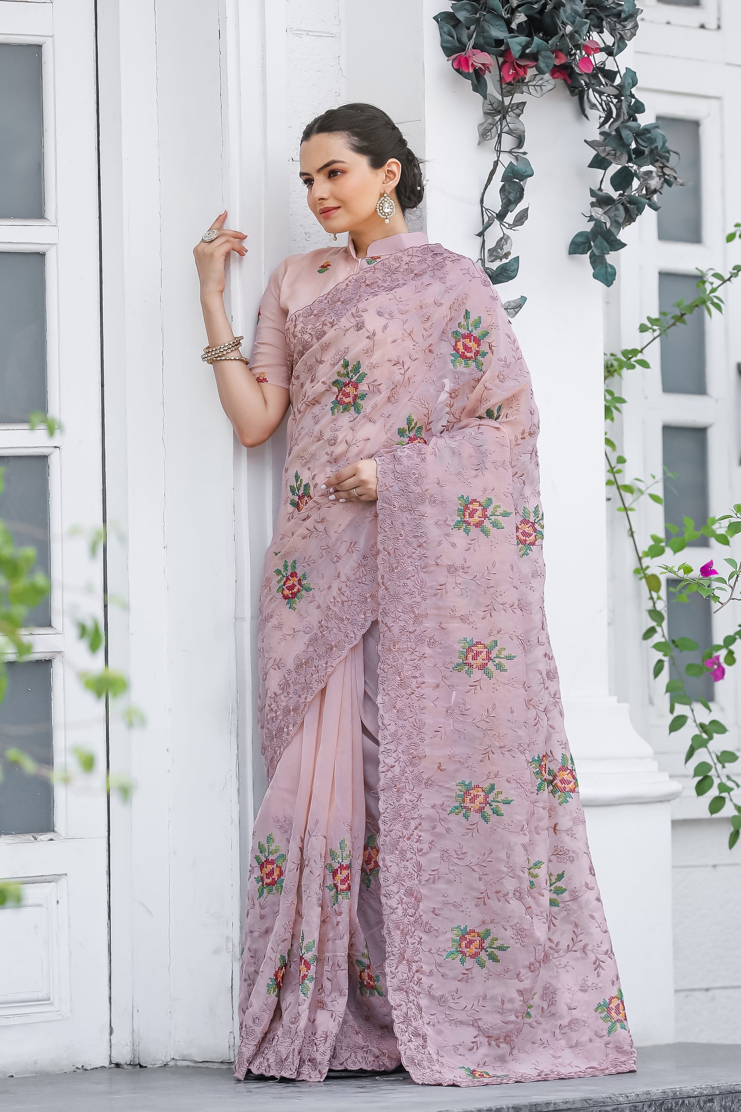 Radiant Pink Color Chiffon Saree with Zari & Embroidery Work