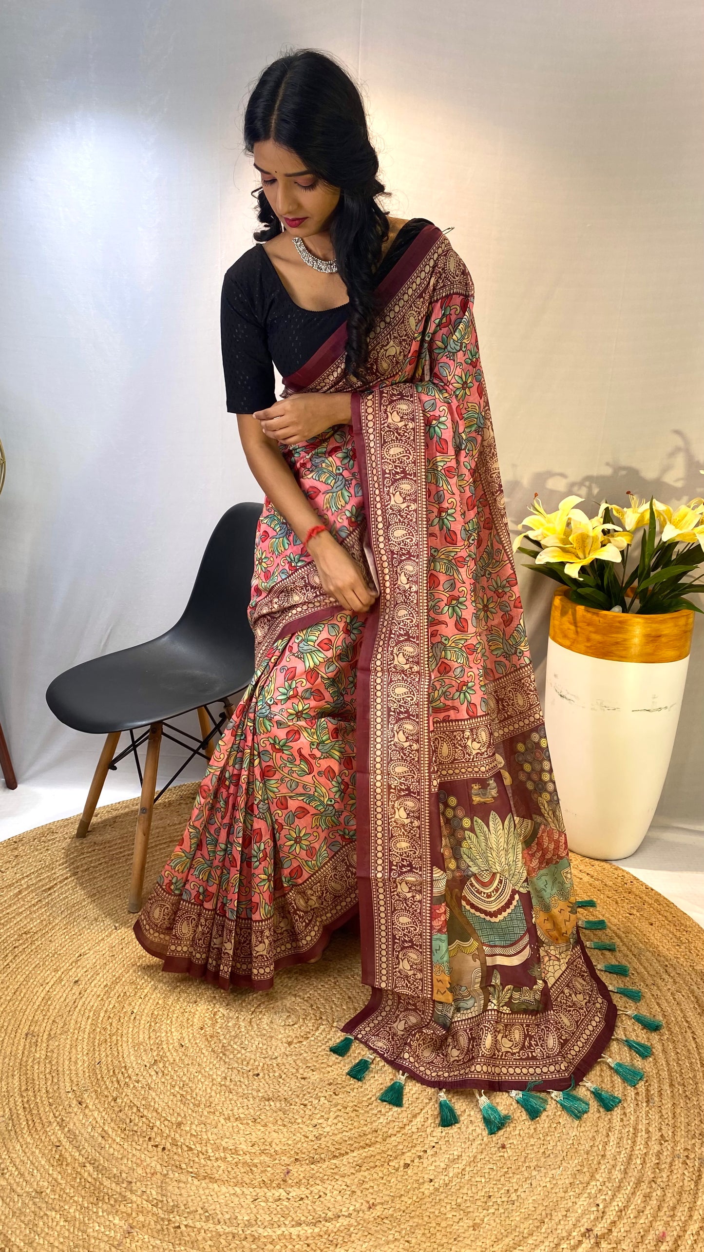 Stylish Soft Cotton Chanderi Sarees with Kalamkari Digital Print and Tassels