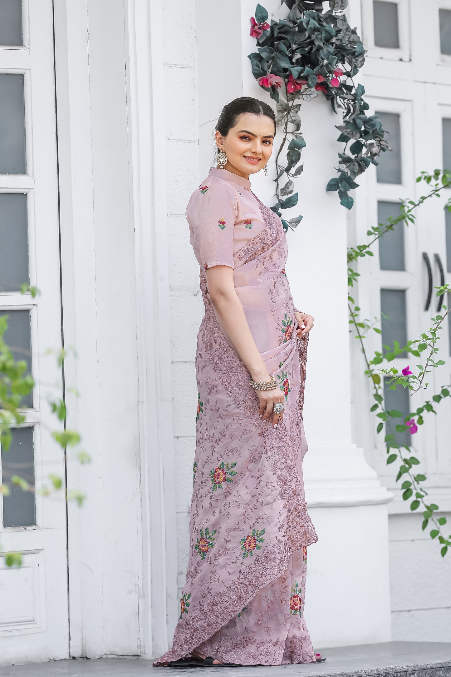 Radiant Pink Color Chiffon Saree with Zari & Embroidery Work