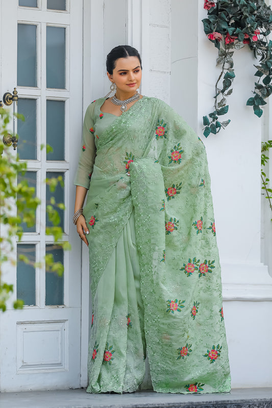 Radiant Pista Green Color Chiffon Saree with Zari & Embroidery Work