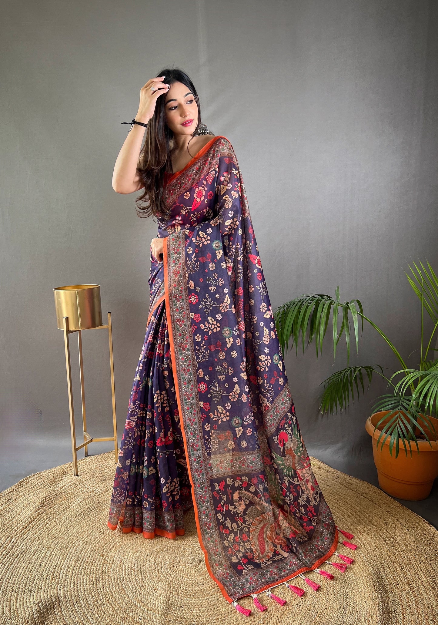 Purple Floral Print Saree with Contrast Border