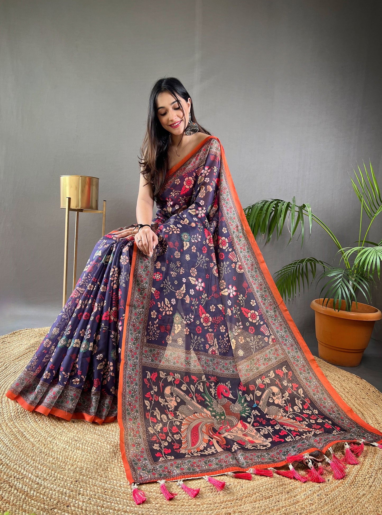 Purple Floral Print Saree with Contrast Border