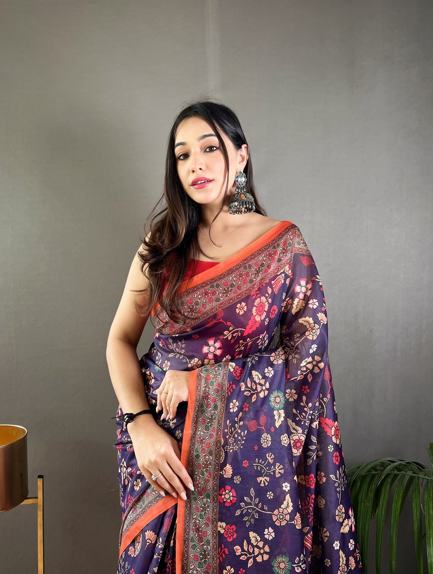 Purple Floral Print Saree with Contrast Border