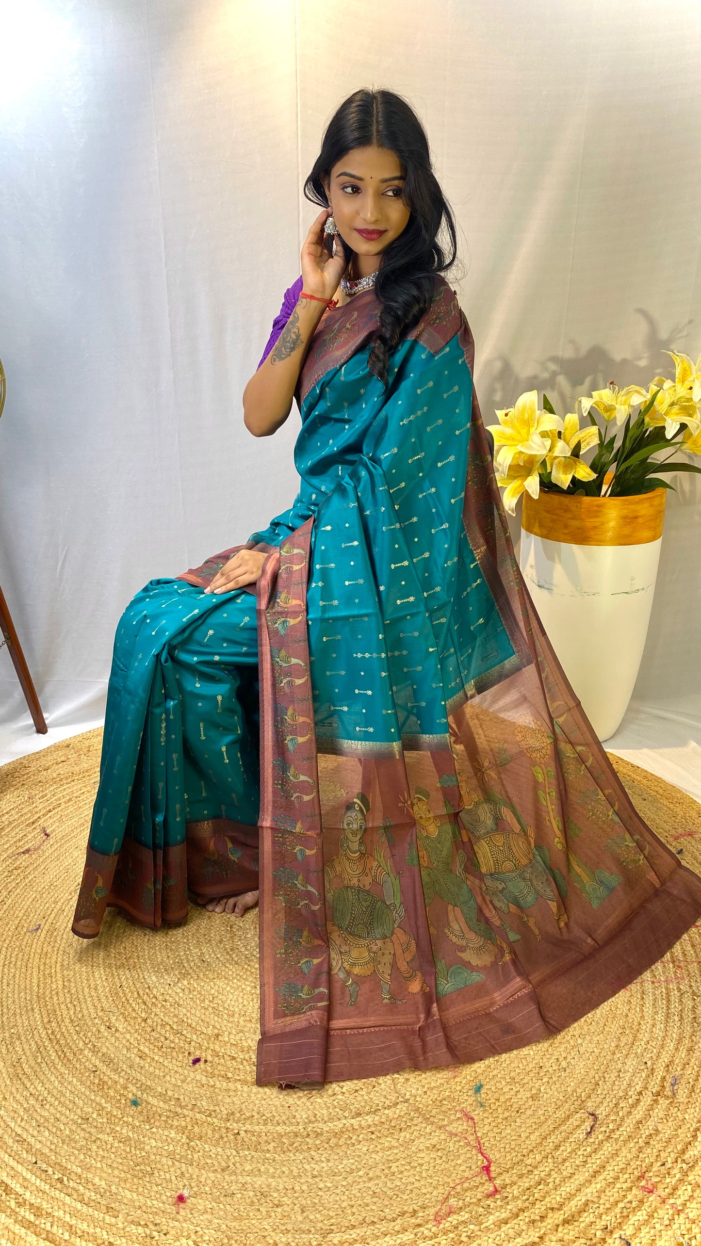 Rama Green Chanderi Silk Sarees With Contrast Pallu & Border Printed With Contrast Blouse