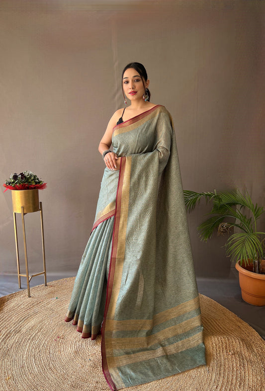 Woven Design Zari Banarasi Saree in Rama Green Color