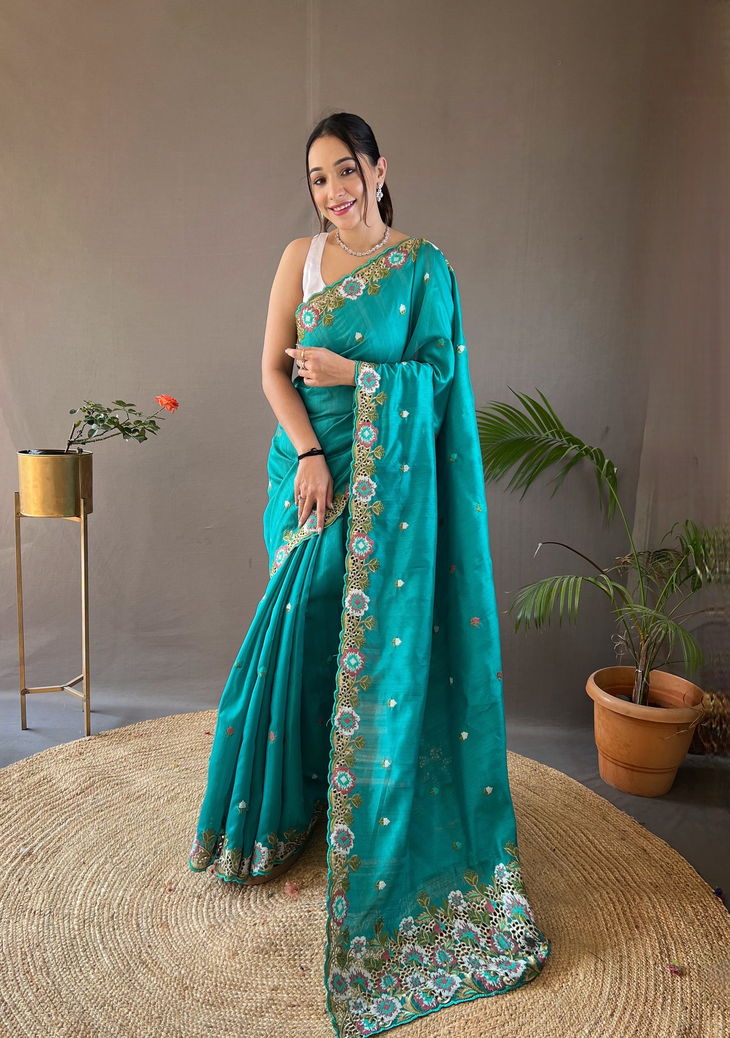 Rama Green Floral Embroidered Tussar Silk Saree Set