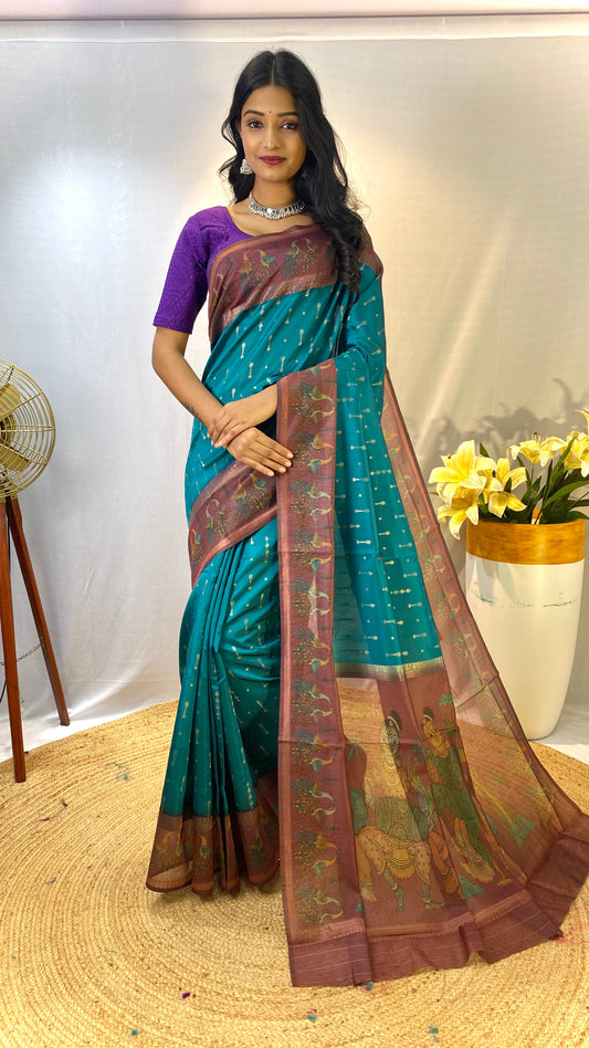 Rama Green Chanderi Silk Sarees With Contrast Pallu & Border Printed With Contrast Blouse