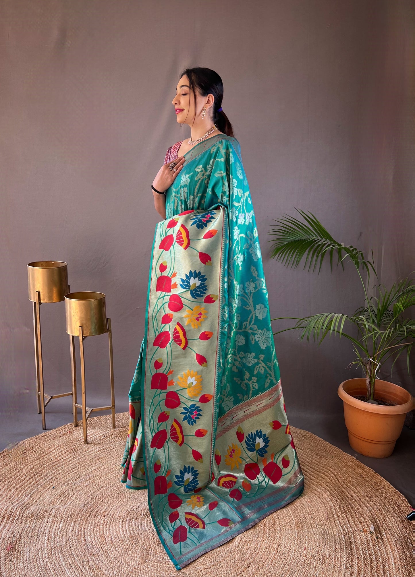 Rama Green Woven Silk Saree Set