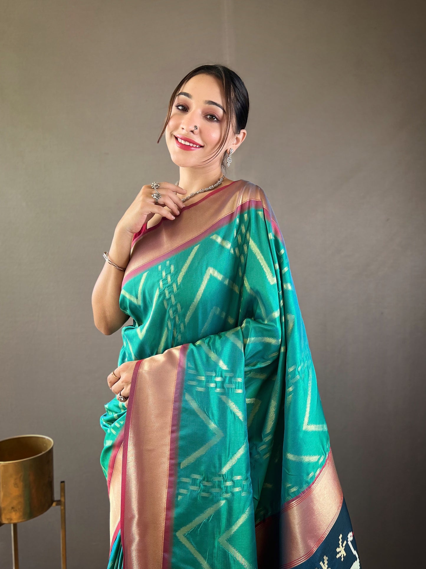 Harmonious Green Color Soft Silk Saree with Viscose Zari & Rich Ikkat Weaving on Pallu