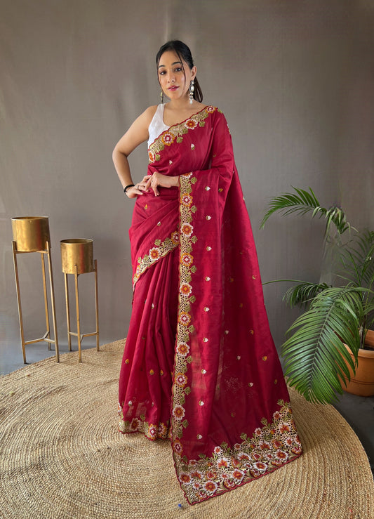 Red Floral Embroidered Tussar Silk Saree Set