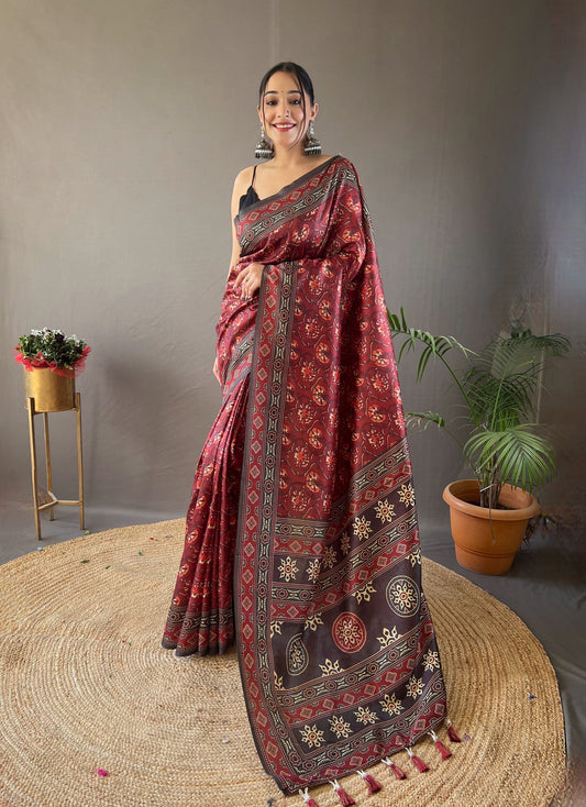 Floral Print Red Color Saree with Tassels